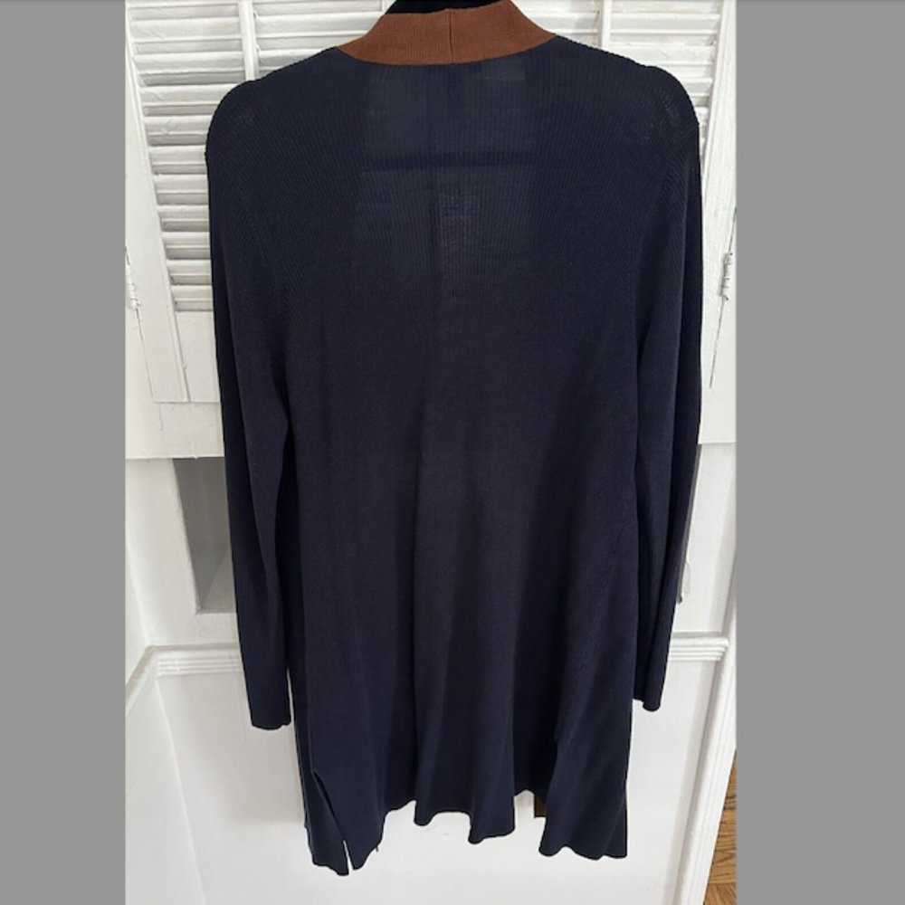 NWT Eileen Fisher Long Open Cardigan Navy/Brown Stripe - Petite Large ($… - Picture 4 of 5